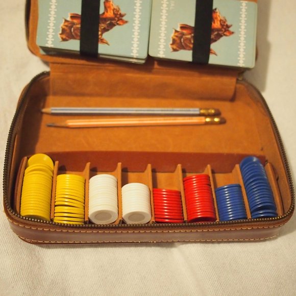 vtg DUNHILL Cowhide Leather Case Poker Chips Bridge LIAL Doberman Playing Cards - Picture 4 of 14